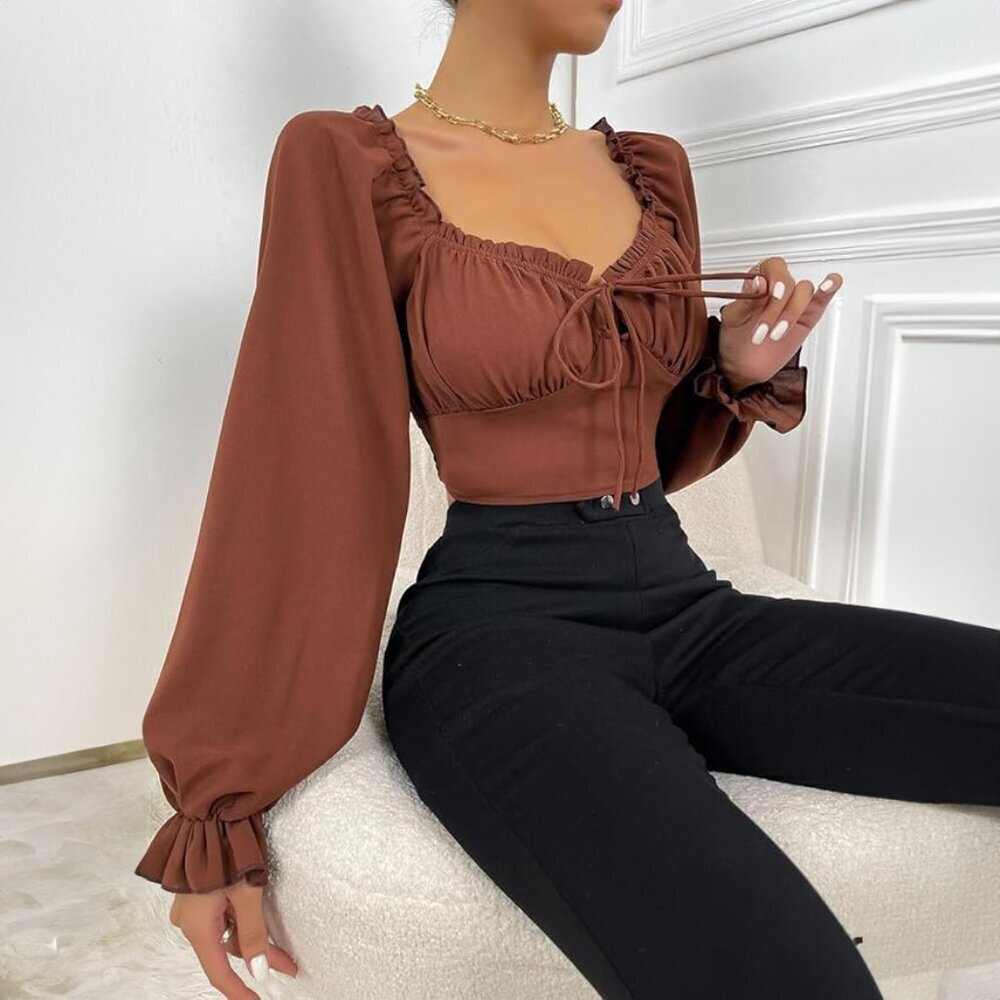 Ruffled Puff Sleeve Crop Top - sz Medium - Picture 3 of 9